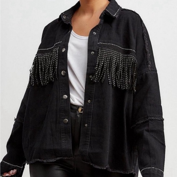 Zara black denim fringe rhinestone jacket size XS - Picture 9 of 12